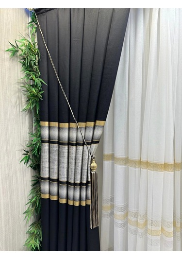 Nivemeshome Melanezya Siyah- Gold Şeritli 1/3 Sık Pileli Fon Perde Apm Siyah- Gold