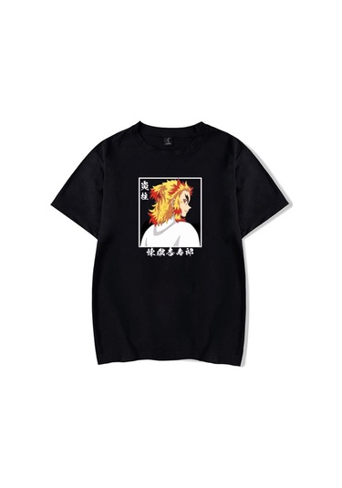 Siyah Rengoku Kyoujuro Demon Slayer Unisex T-shirt Harajuku O-boyun Sıcak Anime Giyim Yaz Spor Koşu Kısa Kollu Siyah