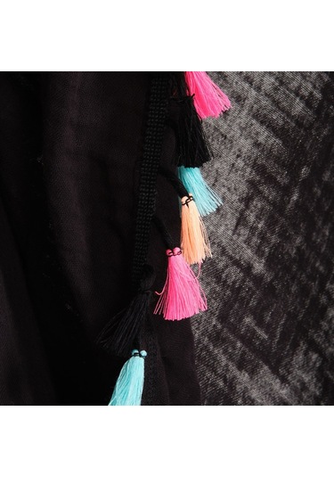 Püskül Detaylı V Yaka Uzun Plaj Elbisesi Siyah-Standart Siyah