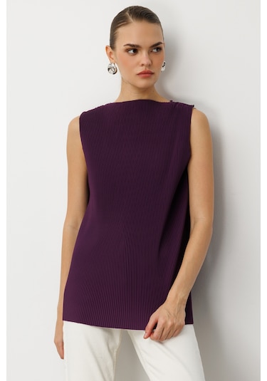 Mizalle Full İnce Pilise Mor Kolsuz Şifon Bluz Mor