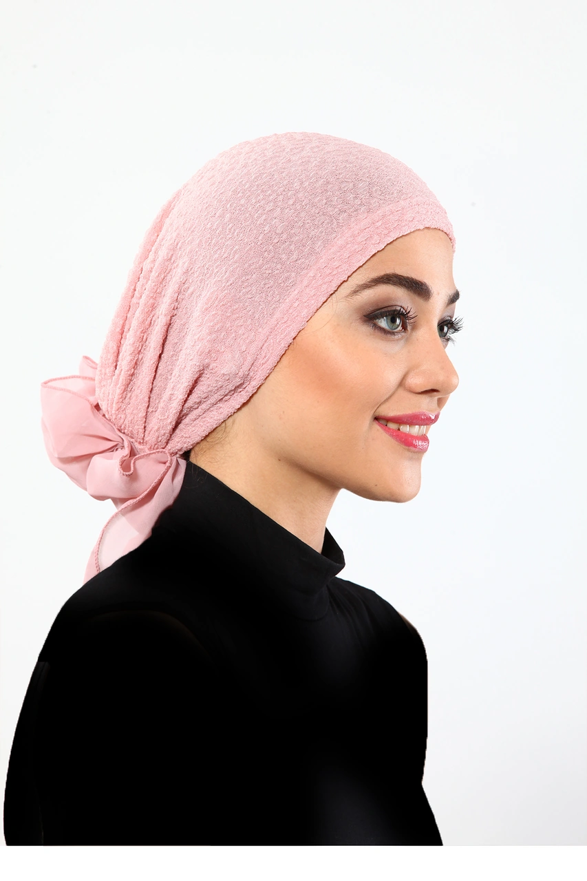 Brokar Tüllü Pudra Hazır Türban Tesettür Bone Pudra