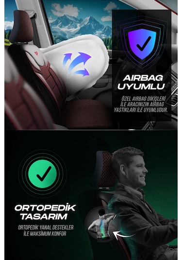 Bordo - Siyah Panda Dragon Serisi Dokuma Kumaş Oto Koltuk Kılıfı - Tam Set