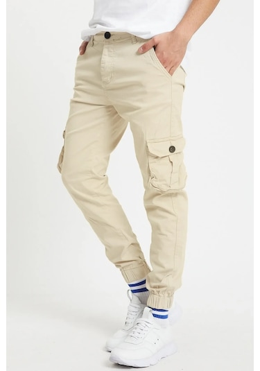 Erkek Kargo Jogger Pantolon Rahat Kesim Lastikli Paça Bej