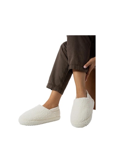 Kadın Lastikli Kaymaz Taban Peluş Havlu Kumaş Ev Ayakkabısı Panduf Beyaz-beyaz Beyaz