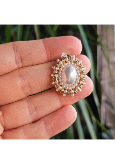 Slowshe-vintage Gümüş Uçlu İnci Küpe Altın - Bej