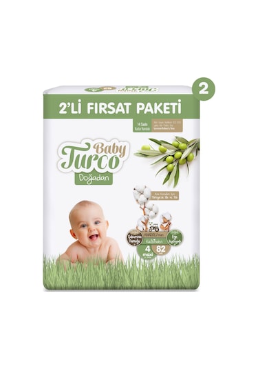 Baby Turco Doğadan 2'li Ekonomik Fırsat Paketi Bebek Bezi 4 Numara 164 Adet 2'li