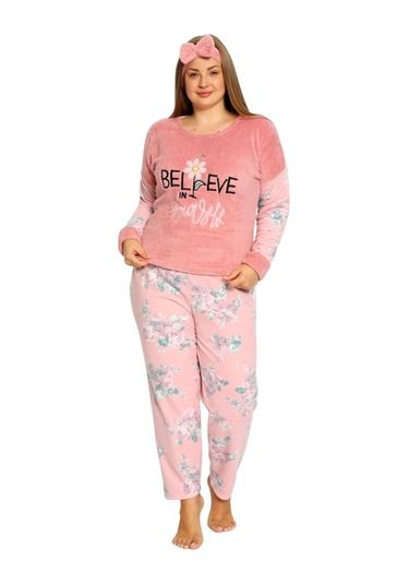 Nisanca Büyük Beden Peluş Polar Pijama Takımı- Saç Bandı Hediyeli Pembe