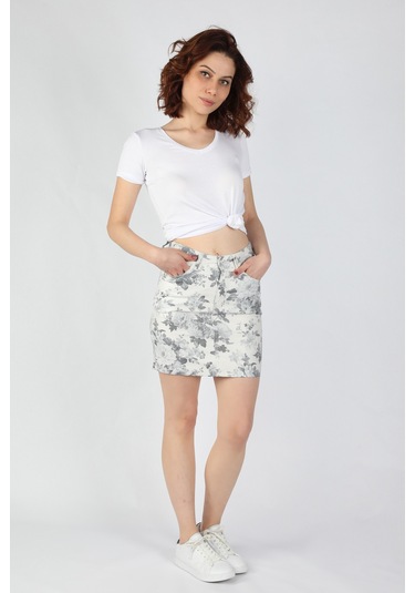 Kadın Baskılı Gabardin Etek Gri