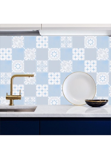 Tezgah Arası Mutfak Kendinden Yapışkanlı Folyo Kaplama Modern Fayans Desen Mavi 60cmx100cm