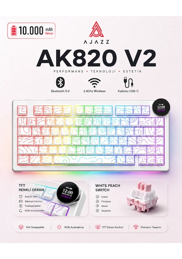 Ak820 V2 Ekranlı, Kablosuz Mekanik Oyun Klavyesi-10.000 Mah Batarya
