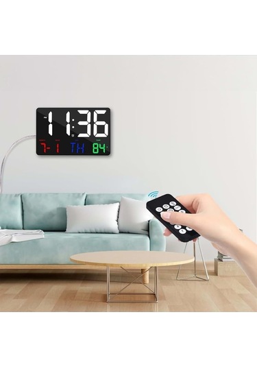 Alfalink Dijital Duvar Saati Renkli Uzaktan Kumandalı Hd Led Ekran Tarih Gün Sıcaklık Alarm Usb Dekoratif Siyah