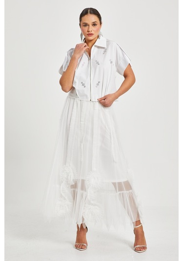 Kadın Tül Detaylı Uzun Etek Astarı Elastan Karışımlı, Özel Tasarım Beyaz