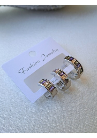 Renkli Baget Taşlı Halka Küpe Gümüş