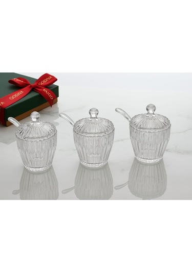 Line Çizgili Desen Yuvarlak Plastik Kaşıklı Cam Şekerlik Seti - 3 Adet Şeffaf