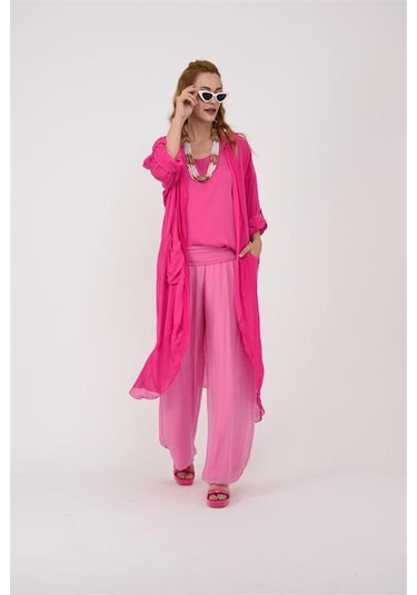 Bohem Stil Italyan Korse Belli Astarlı İpek Pantolon Pembe