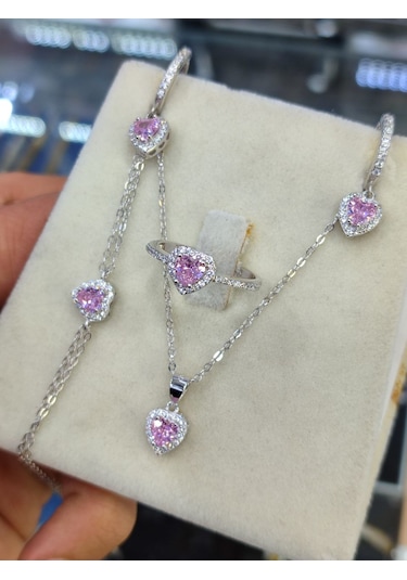 925 Ayar Gümüş Pembe Kalpli 4 'lü Gümüş Set, Kolye, Küpe, Yüzük V