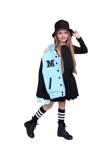 Riccotarz Kız Çocuk Düğme Detaylı Pamuklu Mavi Kolej Ceket Kadife Etekli Takım Mavi