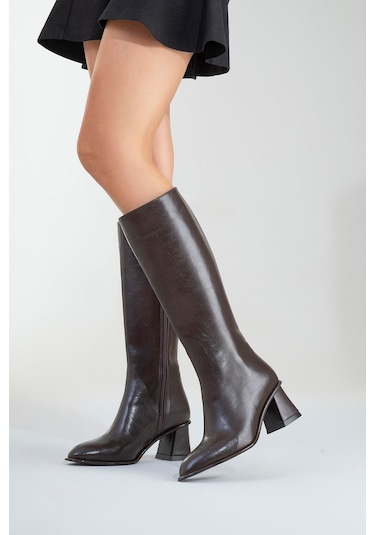 Paradis Kahverengi Cilt Kadın Kalın Topuklu Çizme Kahverengi Deri