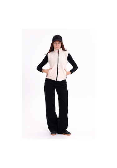 Monox Kadın Slim Fit Tam Fermuarlı Polar Yelek Bej