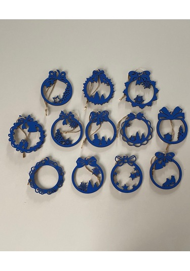 Ahşap 12 Adet Yılbaşı Ağacı Süsü Mavi