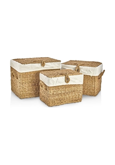 Dekoratif Dikdörtgen Bezli Sandık Düzenleyici Sepet 3 Lü Kahve