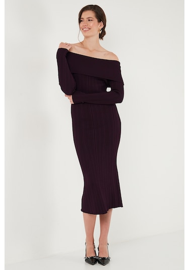 Lela Premium Fitilli Carmen Yaka Slim Fit Midi Boy Triko Bayan Elbise 680El00033 Mürdüm