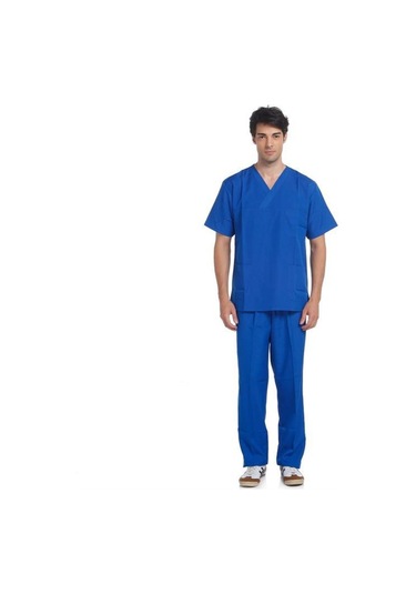 V Yaka Takım Kısa Kol Saks Mavi