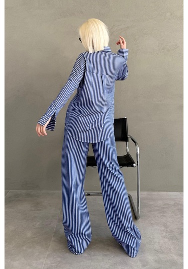 Madmext Lacivert Çizgili Gömlek Pantolon Kadın Takım Mg2457 Lacivert