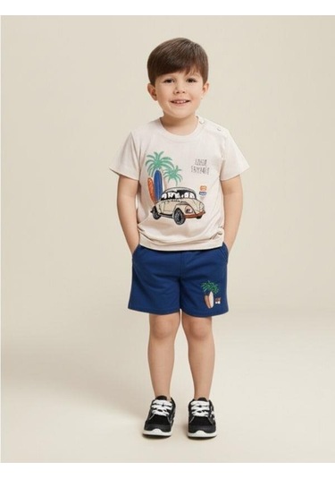 Erkek Bebek Pamuklu Araba Baskılı Şortlu Takım-15827 Bej