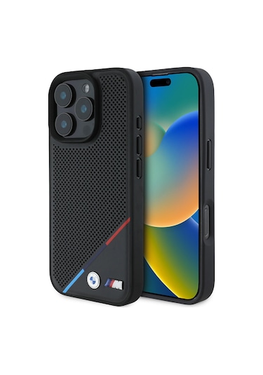 İphone Uyumlu 16 Pro Max Kılıf Bmw Lisanslı Magsafe Şarj Özellikli M Logolu Üç Çizgili Delikli Deri Siyah