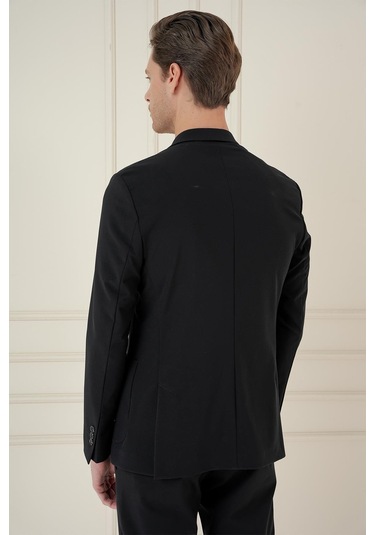 Slim Fit Torba Cep Esnek Spandex Karışımlı Düz Siyah Blazer Ceket C 696 Siyah