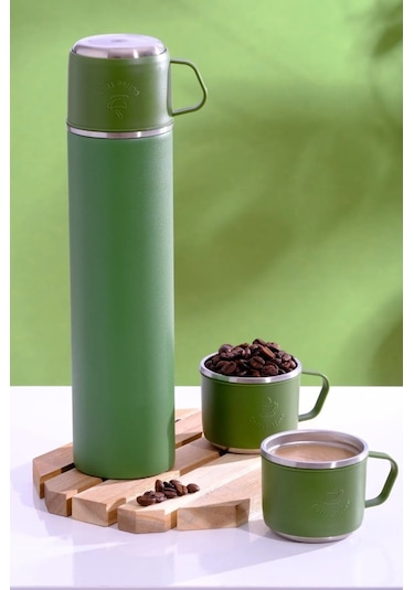 304 Paslanmaz Çelik 3 Bardaklı Termos Seti Çay Kahve Piknik Kamp Yeşil Yeşil