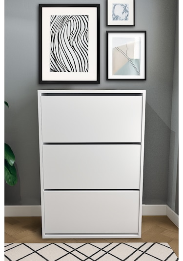 3 Bölmeli Ayakkabılık - Beyaz Beyaz