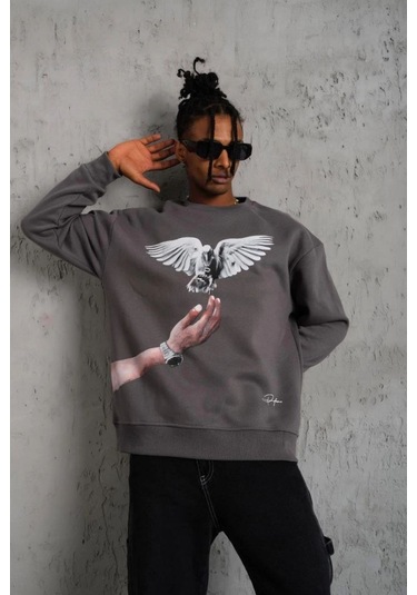 Güvercin Baskılı Sweatshirt - Gri