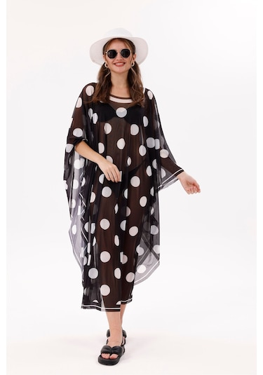 Tarzını Seç Kimono Pareo - Tesettür Pareo - Puantiyeli Siyah 240x135 Cm Çok Renkli