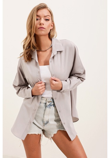 3900 Oversize Uzun Basic Gömlek - Gri 001