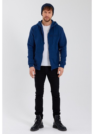 Age Of State Nakışlı Fermuarlı 3 İplik Sweatshirt İndigo