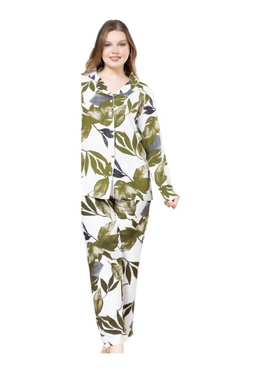 Yaren Collection Pamuklu Kadın Pijama Takımı Uzun Kollu Nefes Ala Yesl