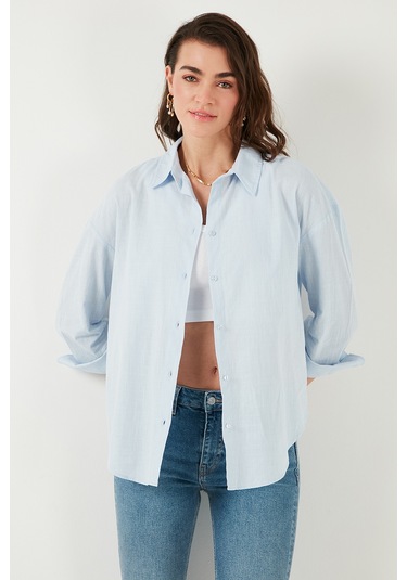 Lela Pamuklu Regular Fit Uzun Kollu Düz Bayan Gömlek Cf25S168305 Mavi