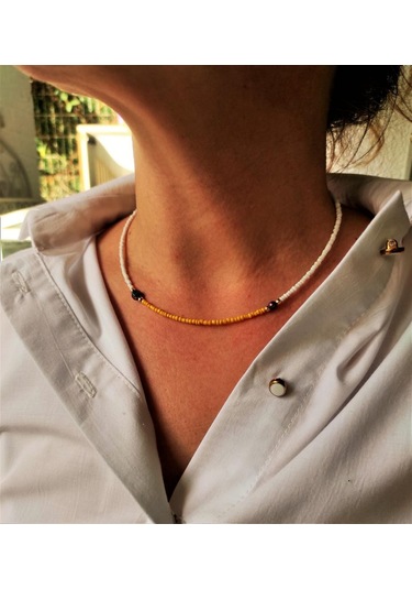 GOLD KAPLAMA HEMATİT TAŞI SARI BONCUK KOLYE-KOL124 Krem