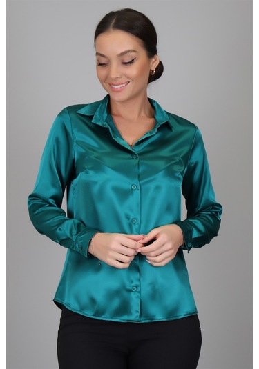 Sweetness Kadın Zümrüt Yeşili Saten Gömlek Yeşil