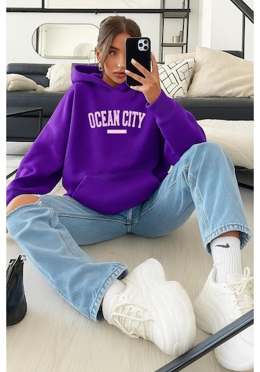 Benroma Ocean Cıty Baskılı Sweatshırt Mor