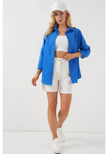 Bigdart Oversize Uzun Basic Kadın Gömlek 3900 Saks