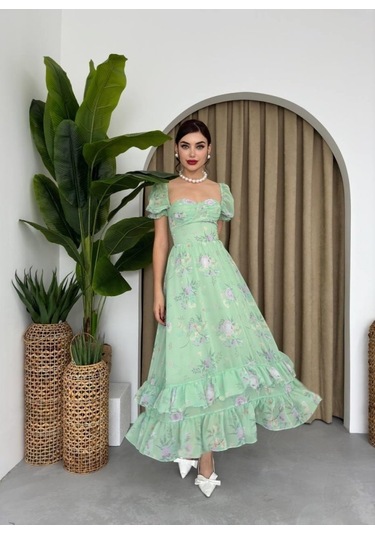 Şifon Kumaş Dijital Desen Baskılı Elbise L