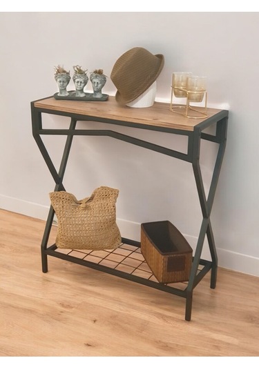 Metal Dresuar Ahşap Raflı Stand Çok Amaçlı Salon Ve Hol Rafı Siyah