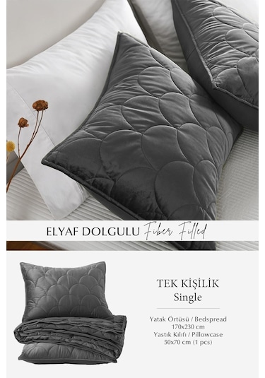 Evlen Home Kapitone Kadife Yatak Örtüsü Seti Tek Kişilik Supersoft 2 Parça Yumuşak Elyaf Dolgulu Antrasit Bej