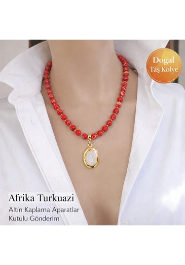 Afrika Turkuazı Doğal Taş Kolye Kırmızı