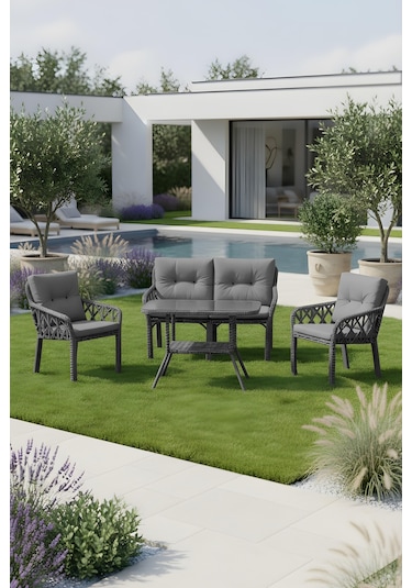 Lumisgarden Neva Rattan Bahçe Takımı 2+1+1 +masa Gri