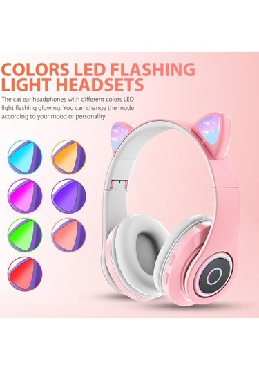 Wezone Kedi Kulaklıklı Led Işıklı Hi-fi Stereo Bluetooth 5.0 Kulaklık, Kablolu/kablosuz, Fm/tf Kart Desteği, Çocuklar/gençler İçin Pembe