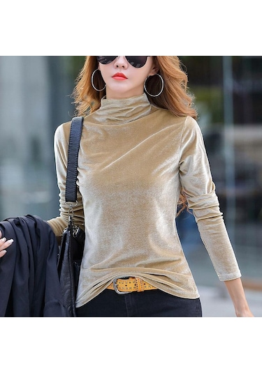 Kayısı Kış Sıcak Balıkçı Yaka Uzun Kollu Kadife Gömlek Yüksek Yaka İnce Zarif Lüks Kadife Bluz Bahar Üstleri Krem